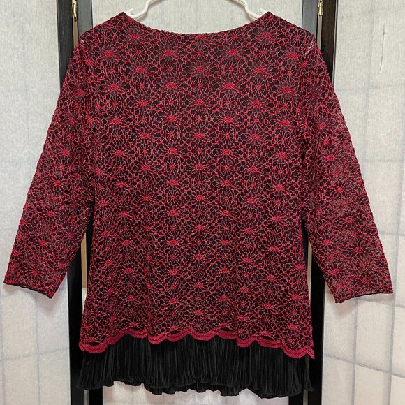 Christopher Banks Long Sleeve Overstitch Lace Sheer Lined Ruffle Tunic Red Black - Picture 2 of 11